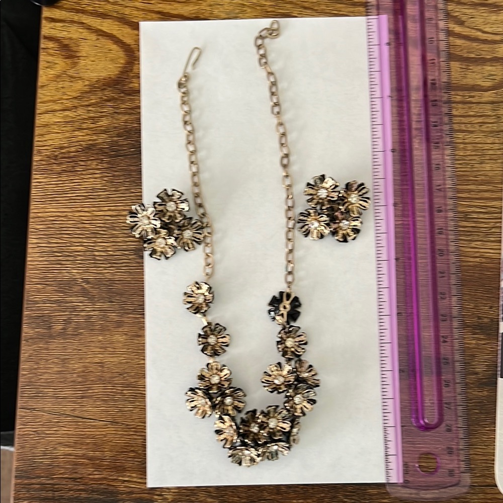 Vintage Gold and Black Floral Necklace and Clip on Earring Set